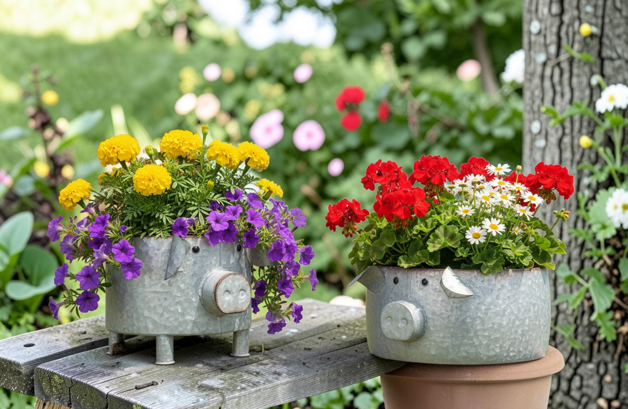 Metal Pig Planter Containers - Each