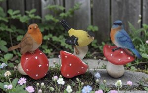 Mushroom Figurines with Garden Birds - Each