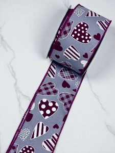 #40 Soft Gray, Red & White Hearts Ribbon (2.5″ x 10 yds.)