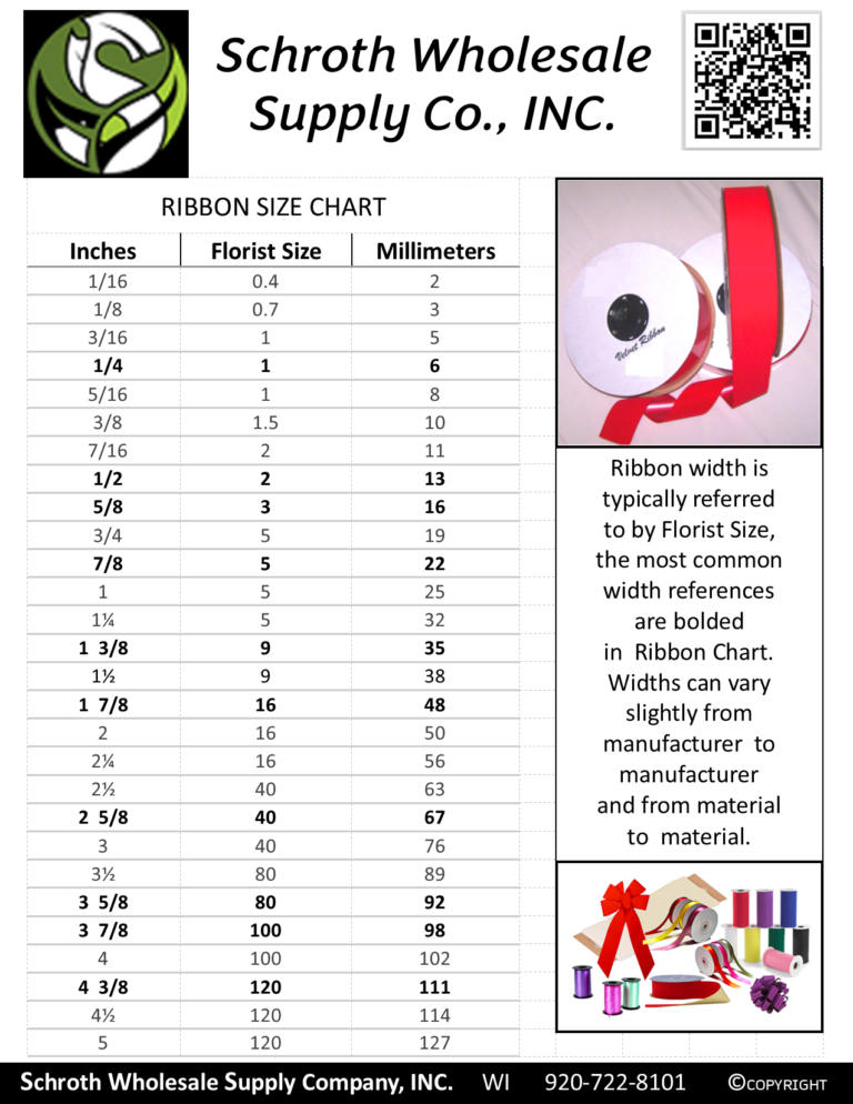 SWS Ribbon Size Chart Data Sheet Schroth Wholesale Supply Co