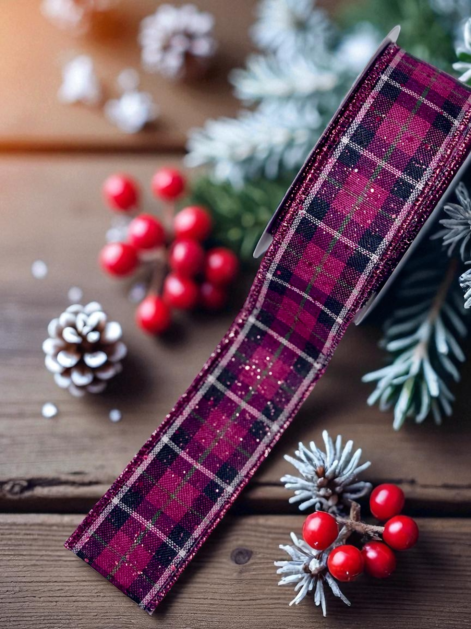 Red Sparkle & Black Plaid #9 Wired Ribbon (1.5″ x 10 yds.) - roll - Image 2